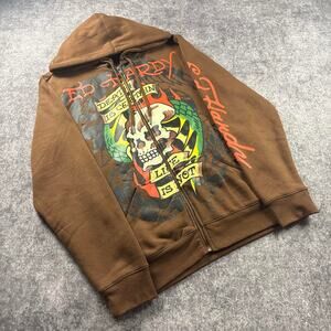 Ed Hardy Death Is Certain Zip Up Hoodie Brown Skull Graphic Y2K Mens Size Medium